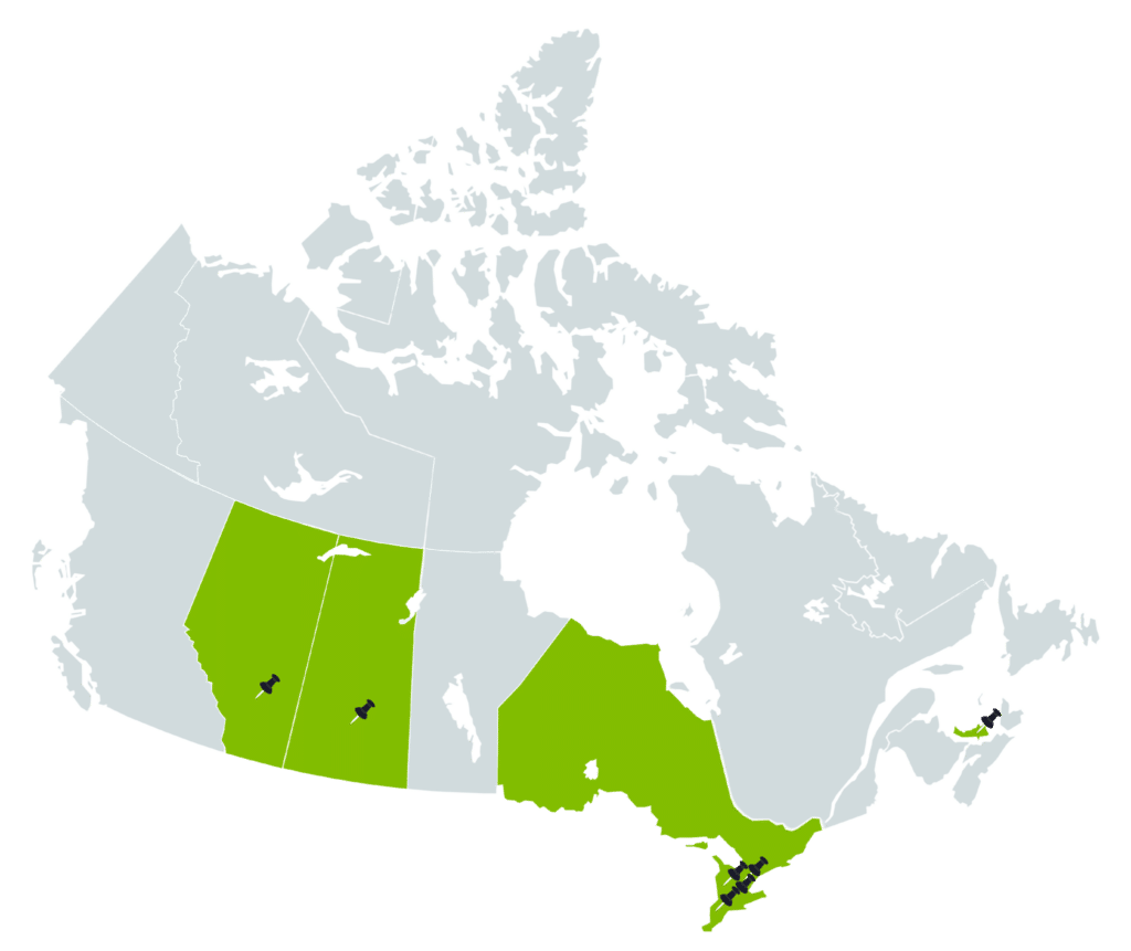 Map of Canada. Freshstone green highlighting provinces with Kitchens, distribution centers and offices.