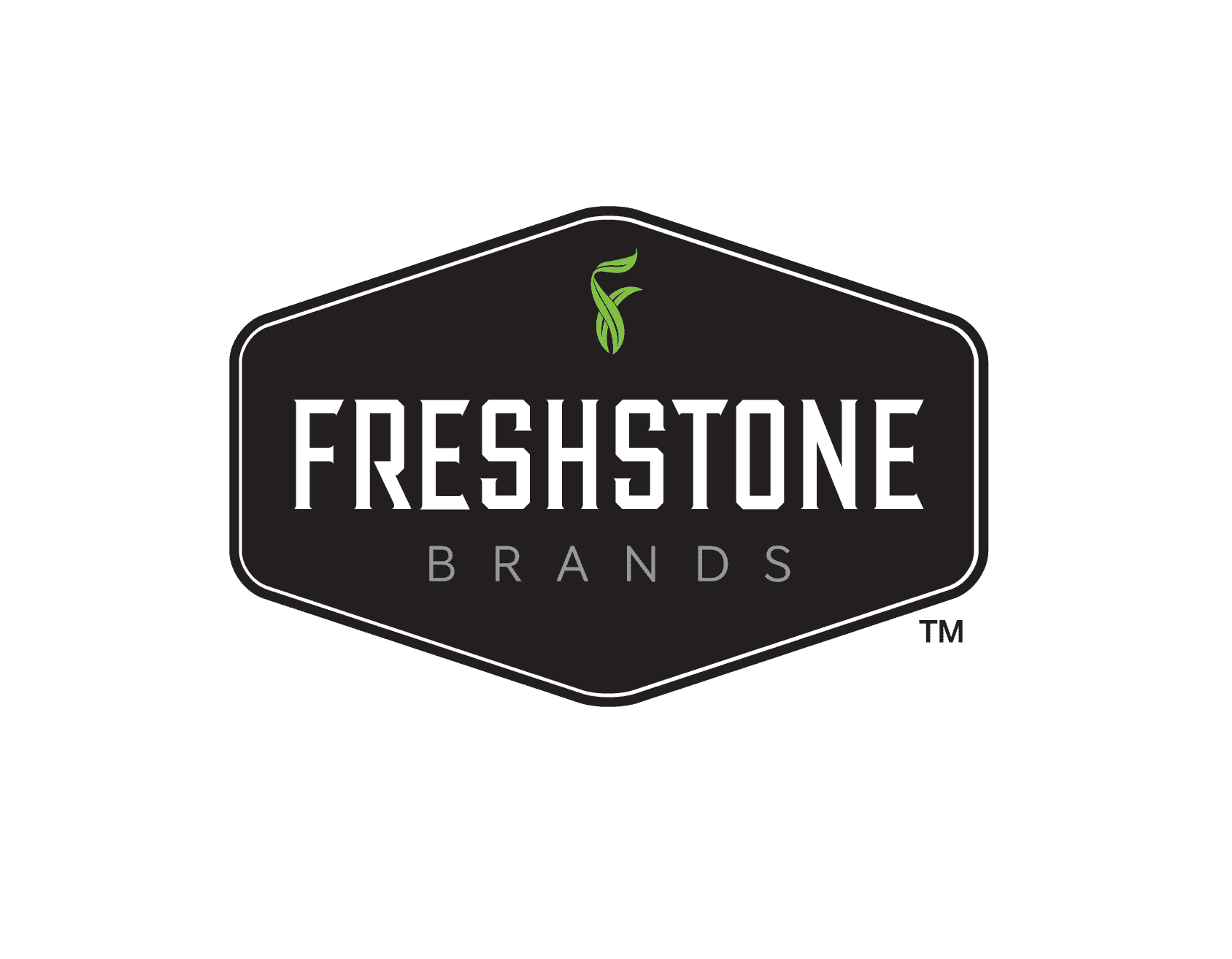 Freshstone Brands Logo. Black with white keyline and letters, Green F