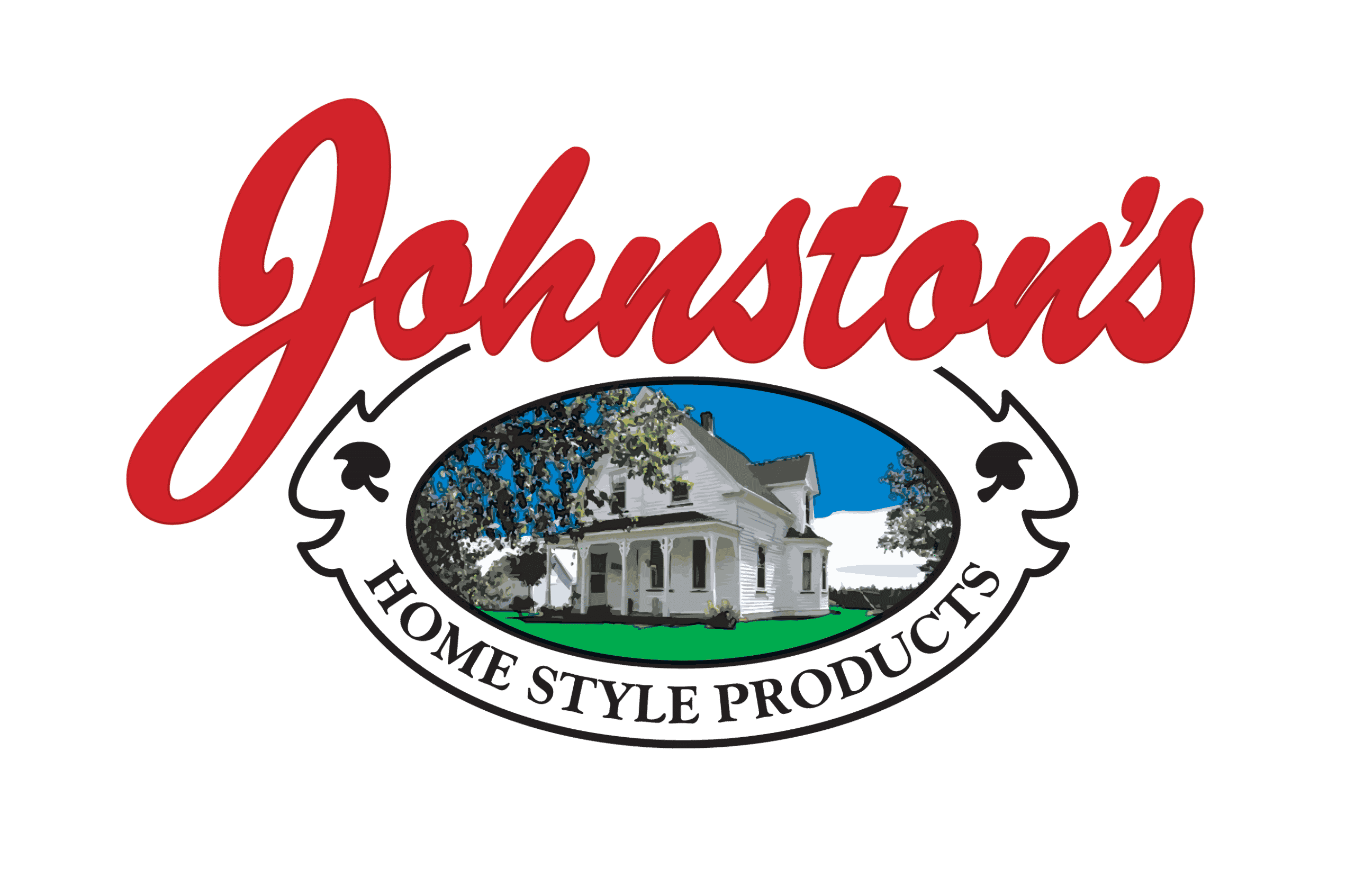 Johnston's Home Style Products Logo. Red Johnstons font, Johnston's home, black homestyle products text.