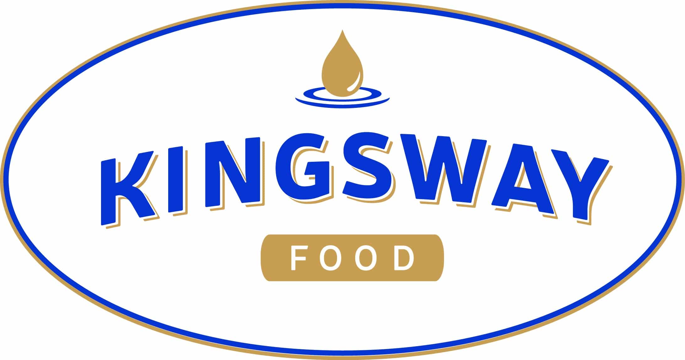 Kingsay food logo. Blue font, and circle, gold accents.